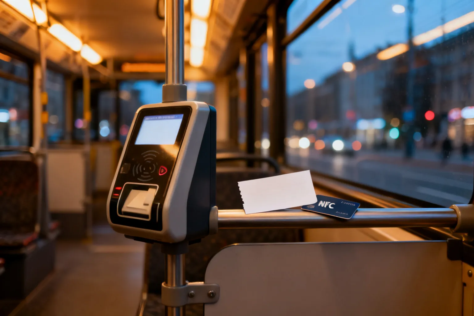 Kasownik biletów w warszawskim tramwaju z kartą NFC i pustym biletem papierowym na poręczy.