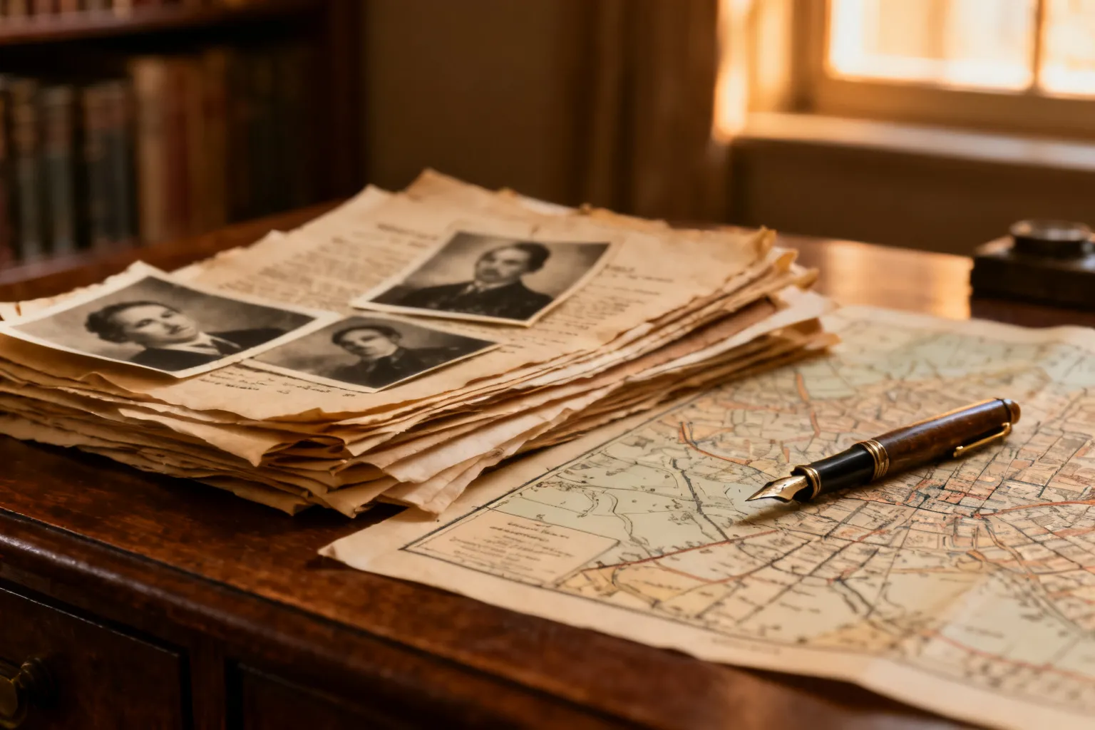 Stół z historycznymi dokumentami i starą mapą miasta