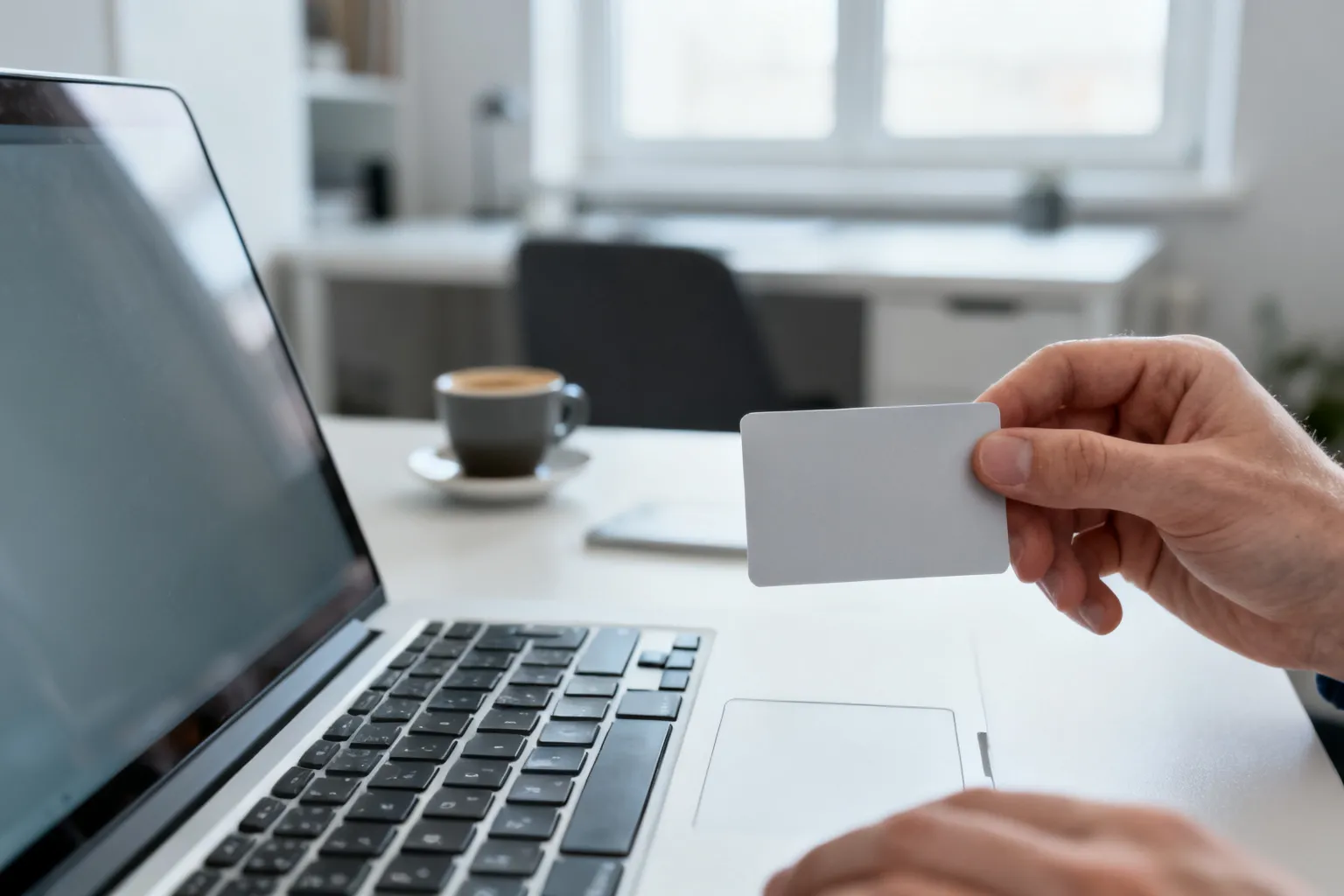Ręka trzymająca bezdotykową kartę miejską nad klawiaturą laptopa, symbolicznie sprawdzanie ważności biletu.