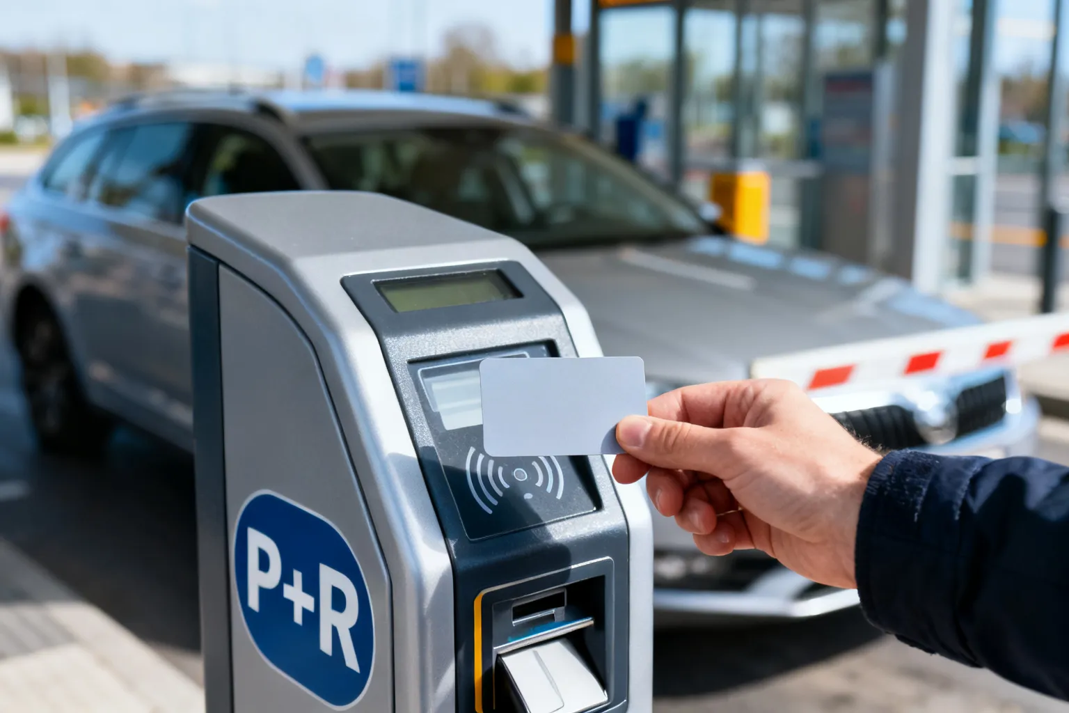 Zbliżenie na rękę osoby trzymającej kartę zbliżeniową przy terminalu parkingowym P+R