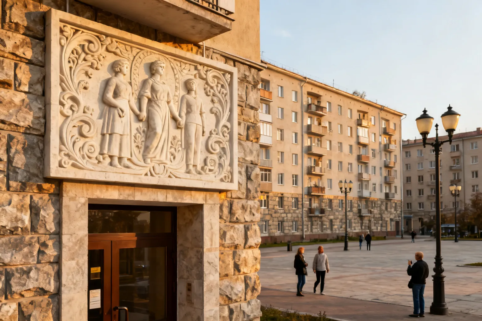 Fragment fasady MDM z płaskorzeźbą nad wejściem i placem z kamiennymi elewacjami