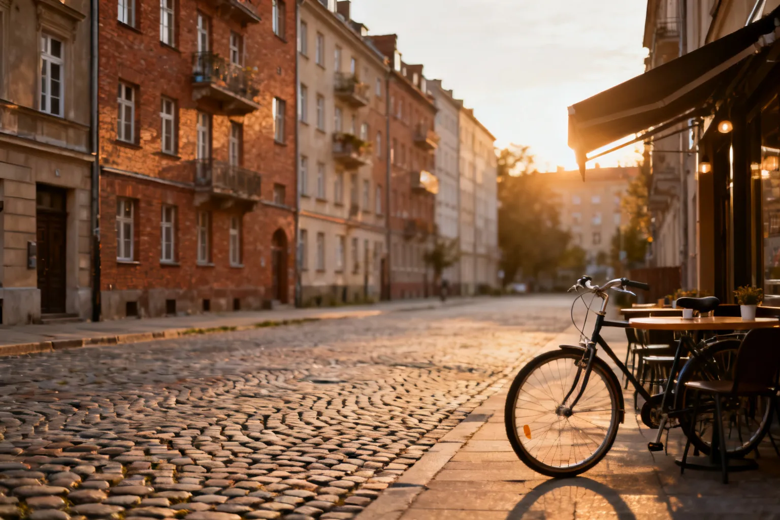 Urokliwa warszawska uliczka z kamienicami, kawiarenką i rowerem — przykład klimatycznego miejsca na nocleg.