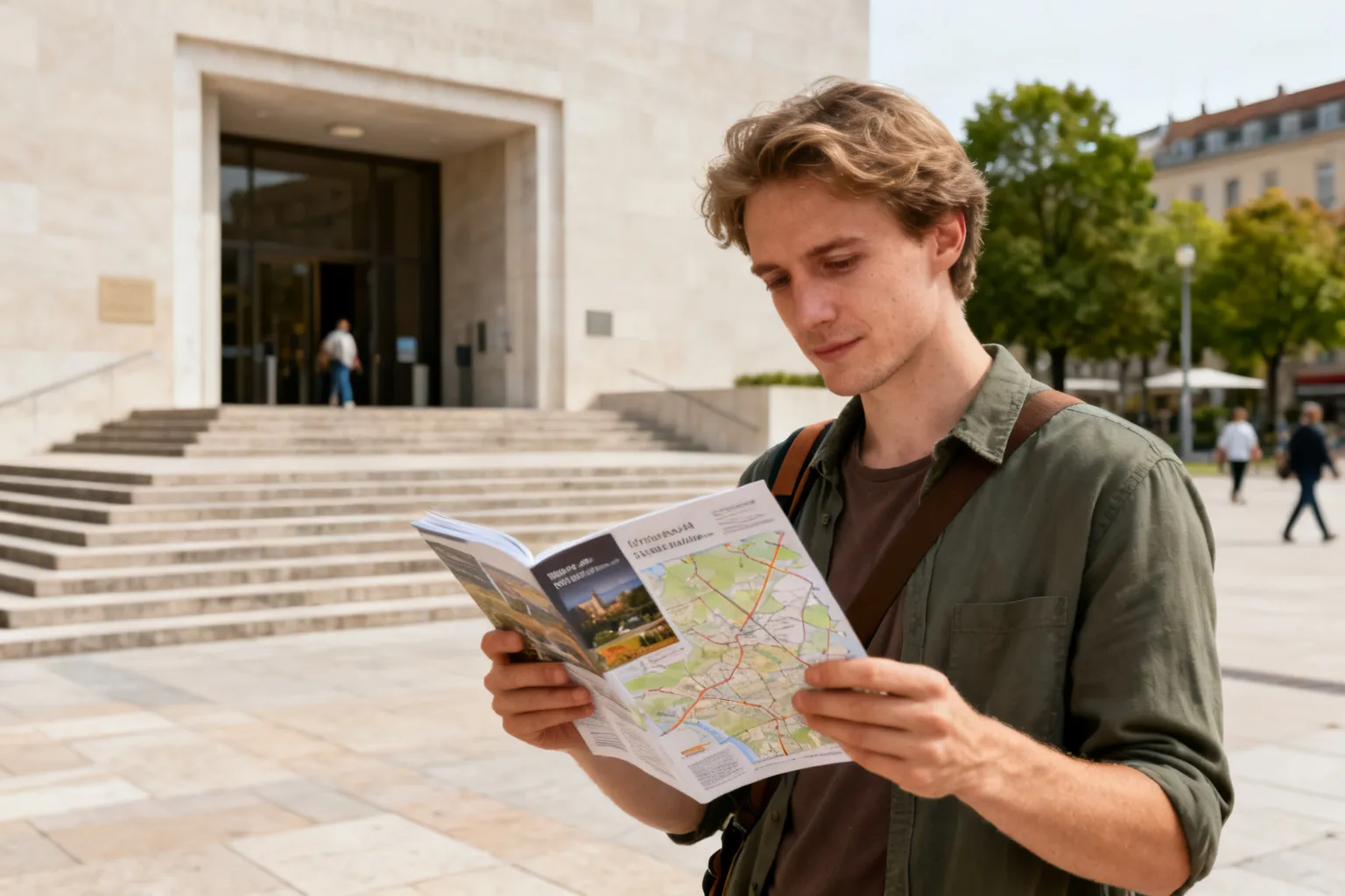 Turysta z przewodnikiem i mapą przed wejściem do muzeum
