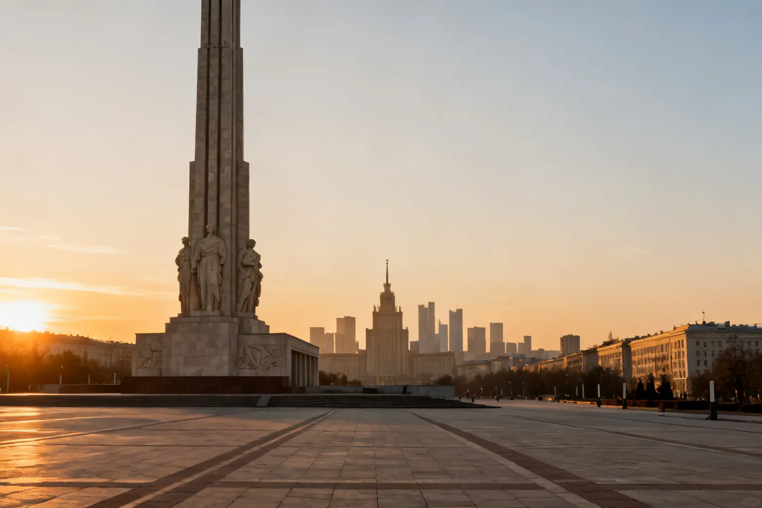Szeroki plan z placem i monumentalnym wieżowcem w stylu socrealistycznym o rzeźbiarskich detalach