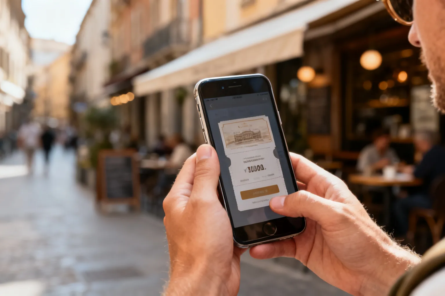Turysta trzymający smartfon z cyfrowym voucherem Warsaw Pass