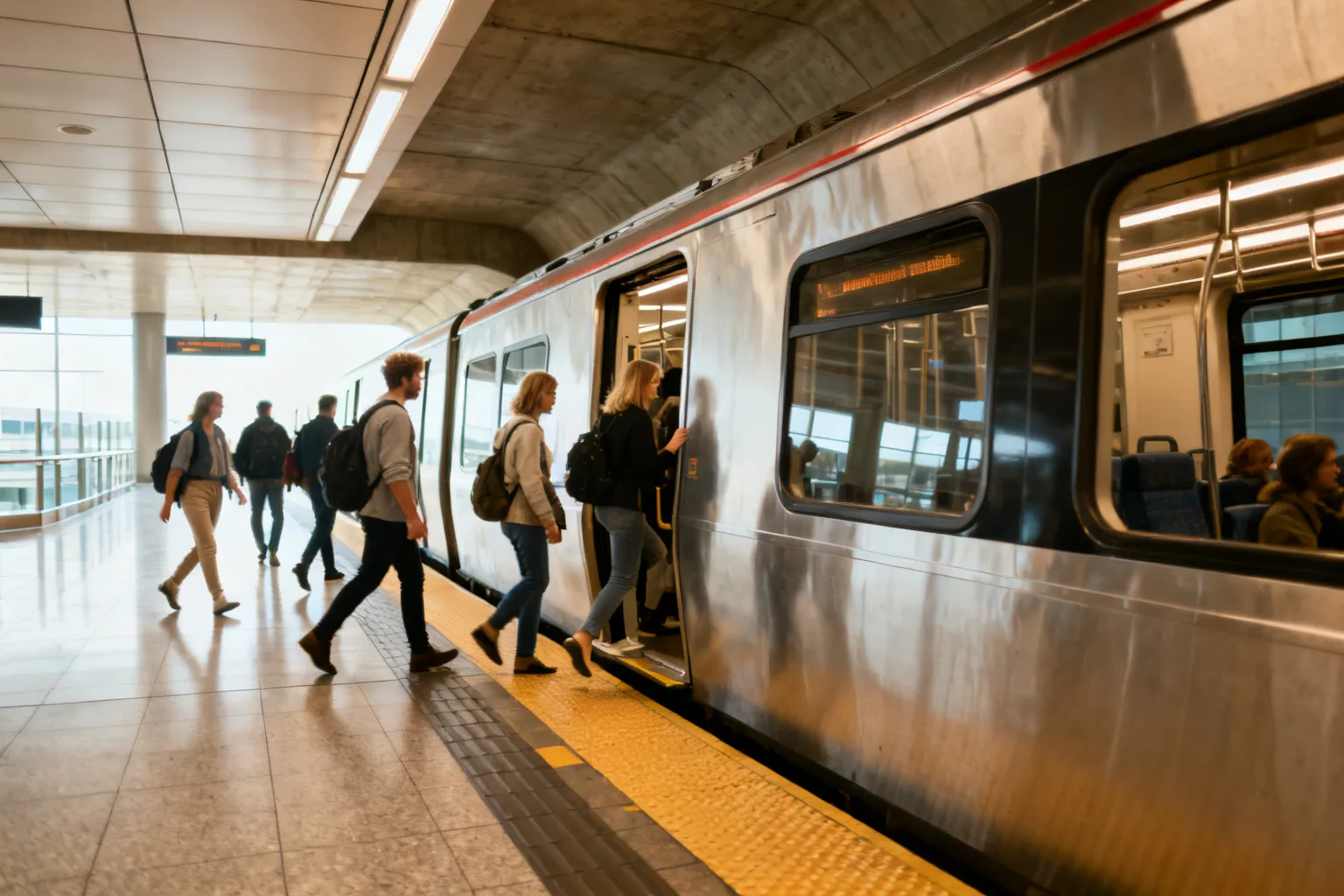 Peron pod terminalem z pociągiem i pasażerami
