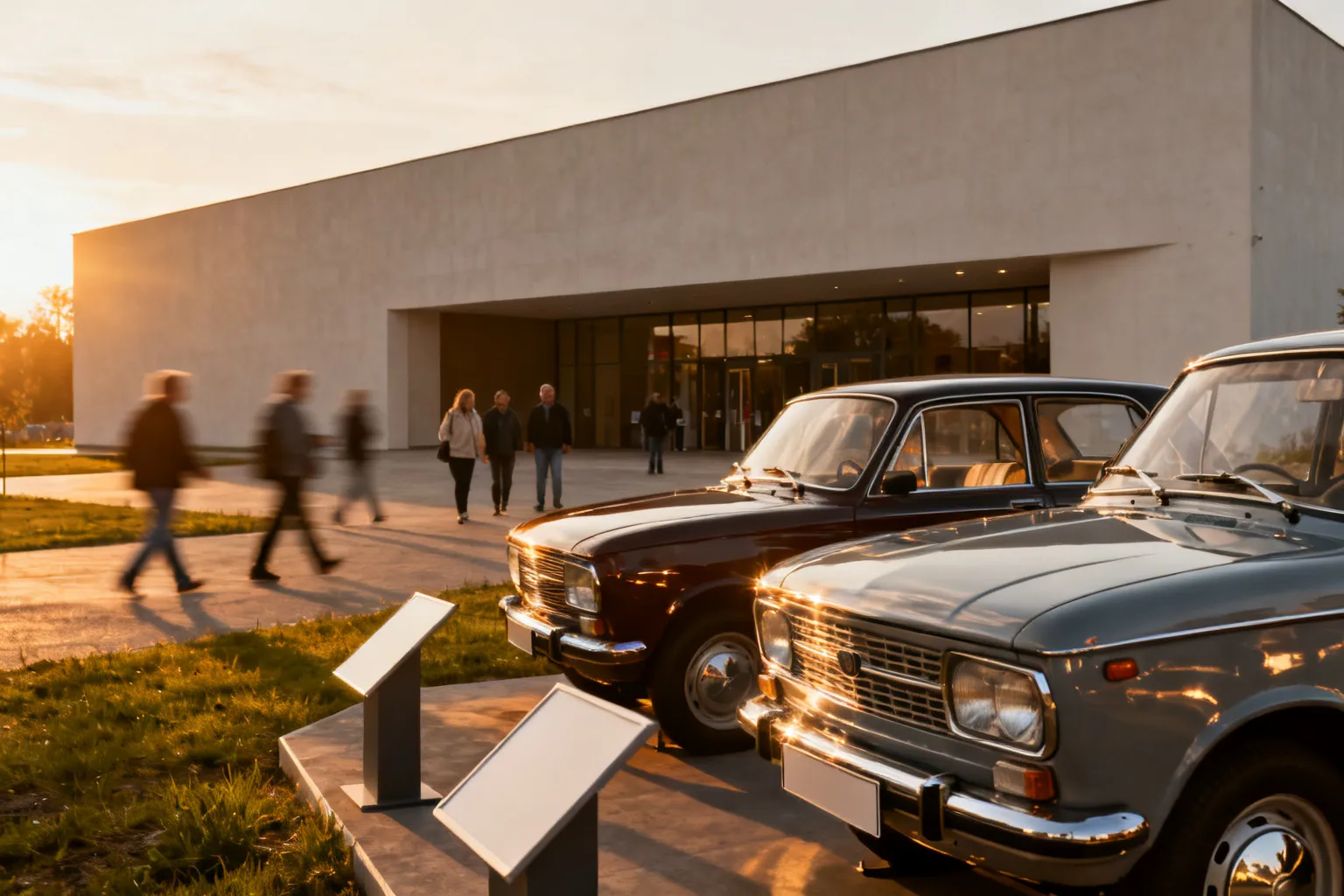 Wejście do muzeum historii polskiej motoryzacji z wystawą wypolerowanych zabytkowych aut i pustymi tablicami informacyjnymi.
