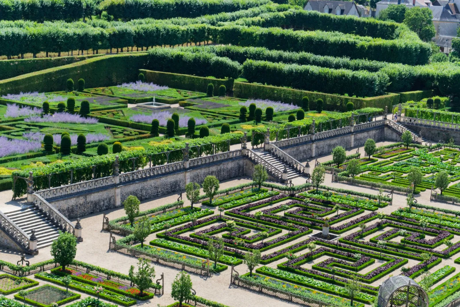 Geometryczny barokowy taras ogrodowy z parterami i balustradą