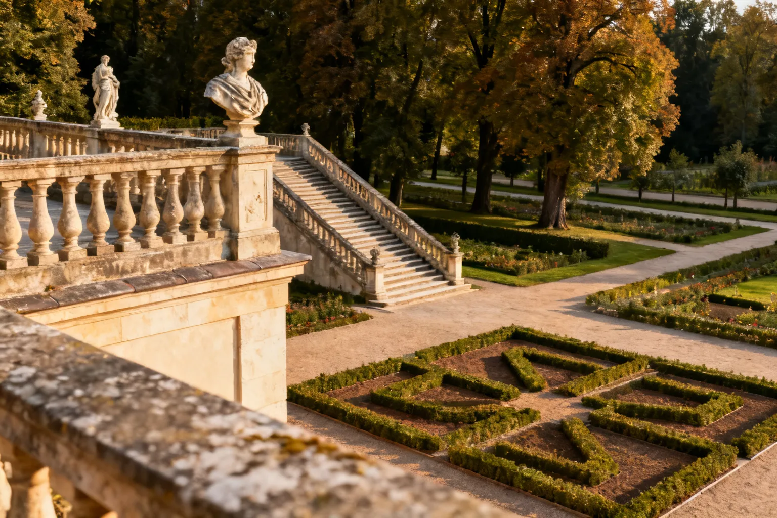 Taras górny Pałacu w Wilanowie z geometrycznymi parterami i schodami