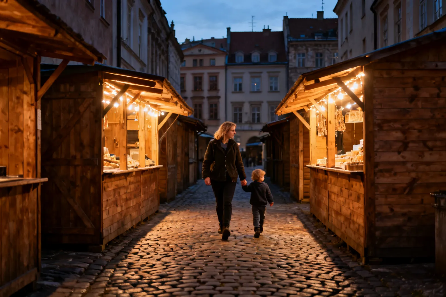 Wąska alejka jarmarku na Starym Mieście z oświetlonymi drewnianymi chatkami i przechodniami