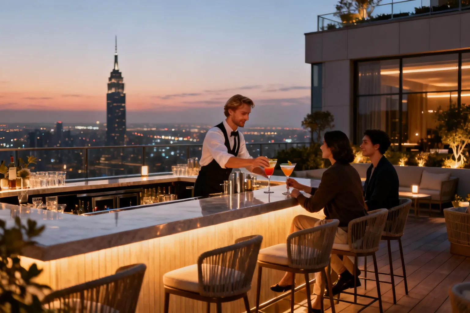 Taras Panorama Sky Bar na wysokim piętrze z elegancką strefą barową i widokiem na miasto