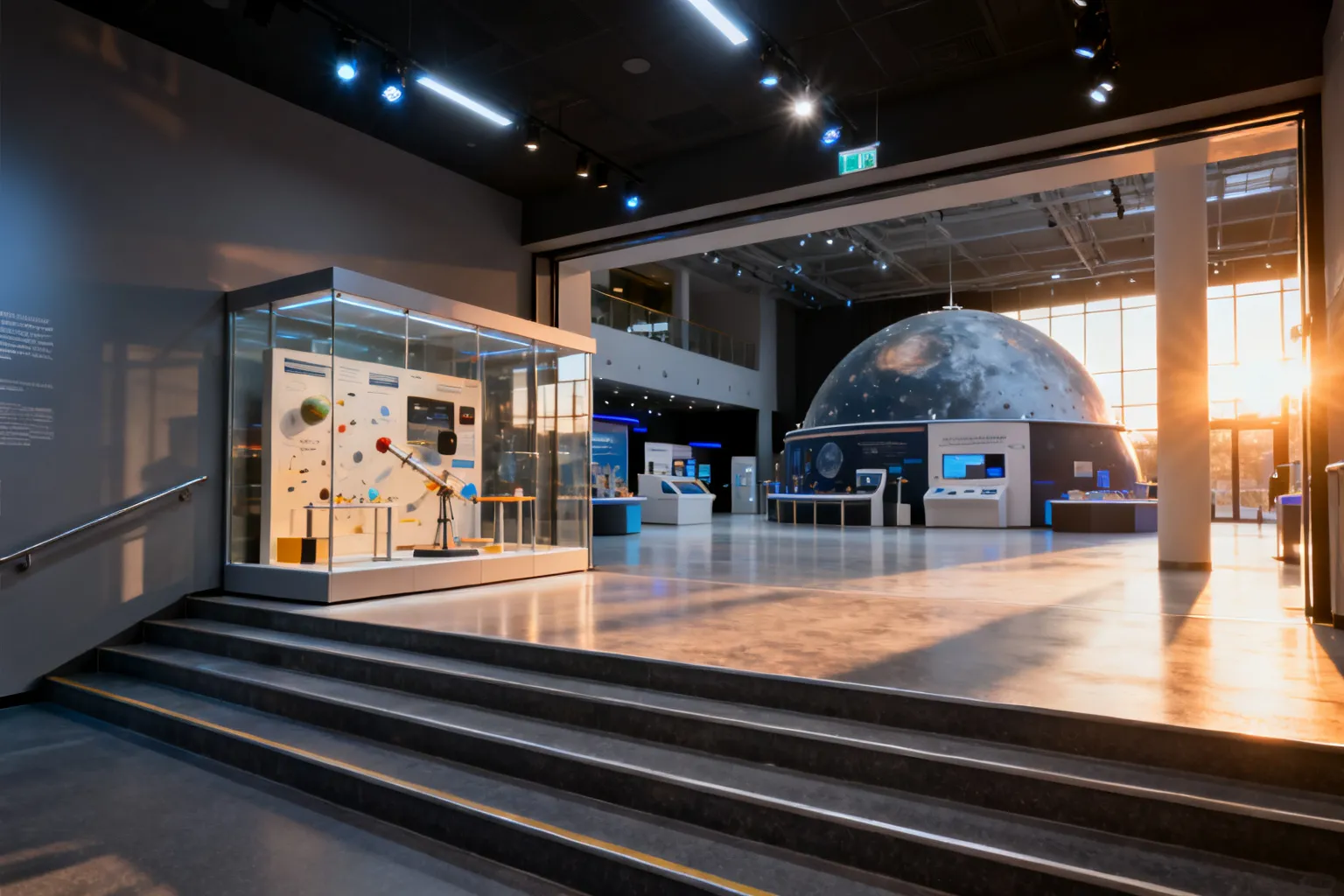 Wnętrze nowoczesnego muzeum nauki w Warszawie: schody, model interaktywny za szybą i kopuła planetarium, puste hale wystawowe.