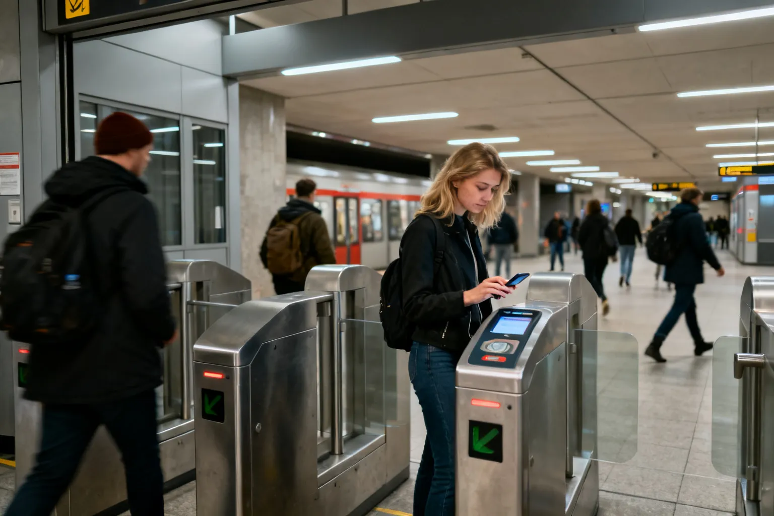 Bramka metra z osobą kasującą bilet na telefonie