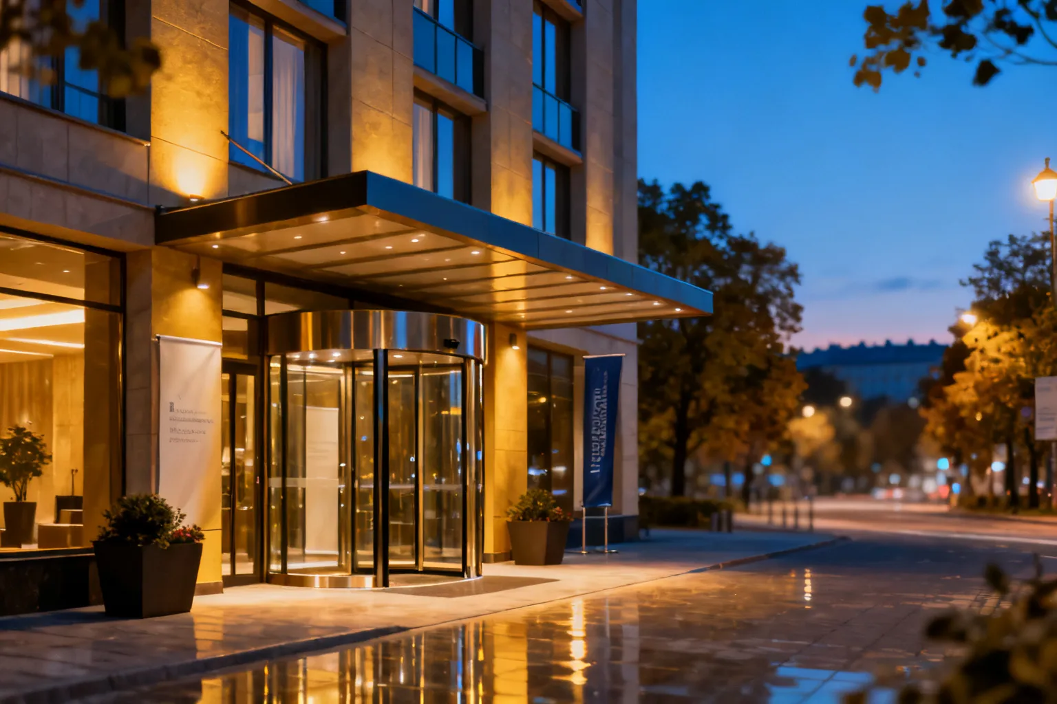 Elegancki hotel konferencyjny w Warszawie z obrotowymi drzwiami, banerami i ciepłym oświetleniem wieczorem.