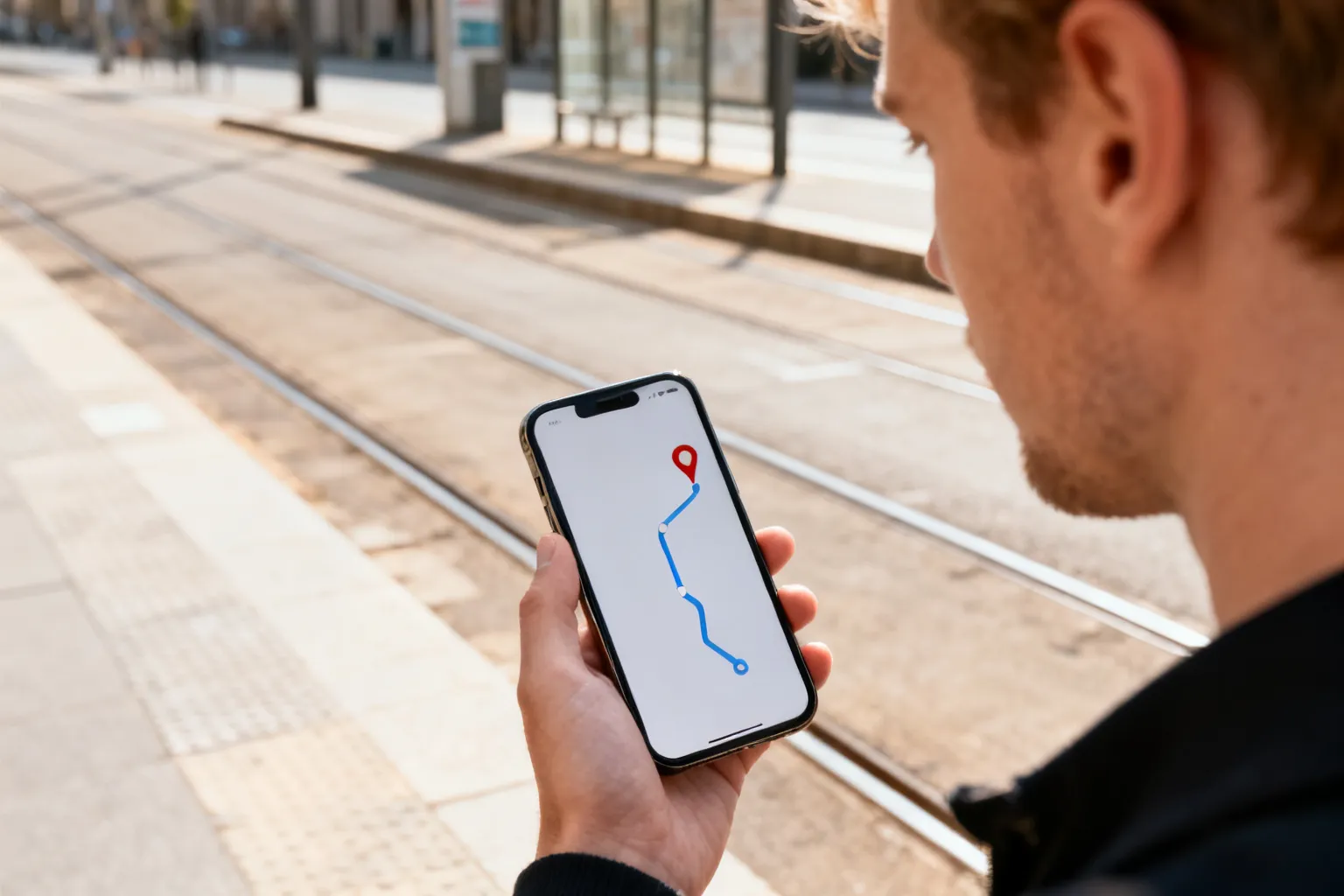Osoba trzymająca smartfon z widoczną mapą trasy, w tle ulica z torami tramwajowymi