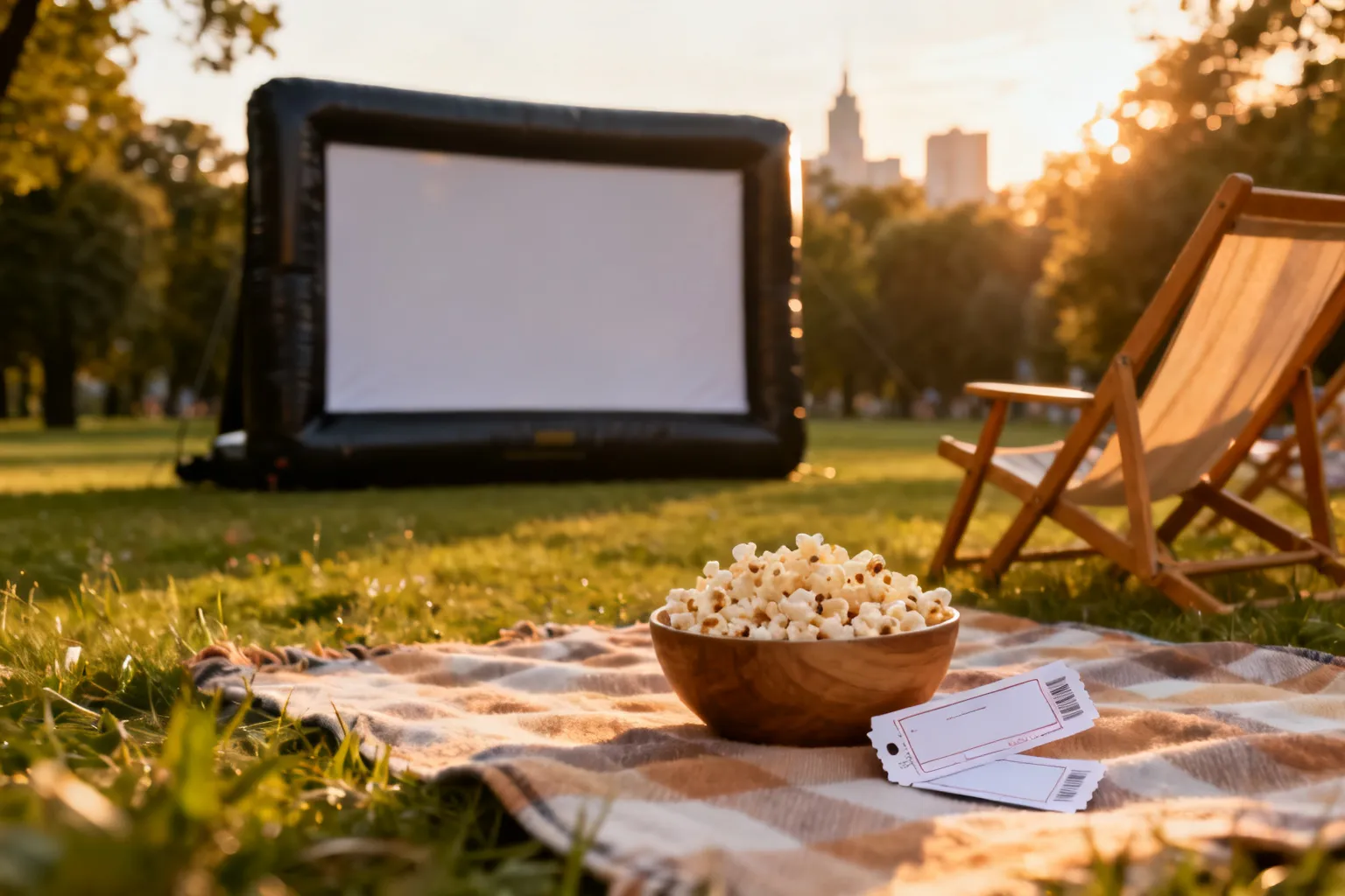 Letnie kino plenerowe w warszawskim parku: dmuchany ekran, leżaki i koc z popcornem przy zachodzie słońca.