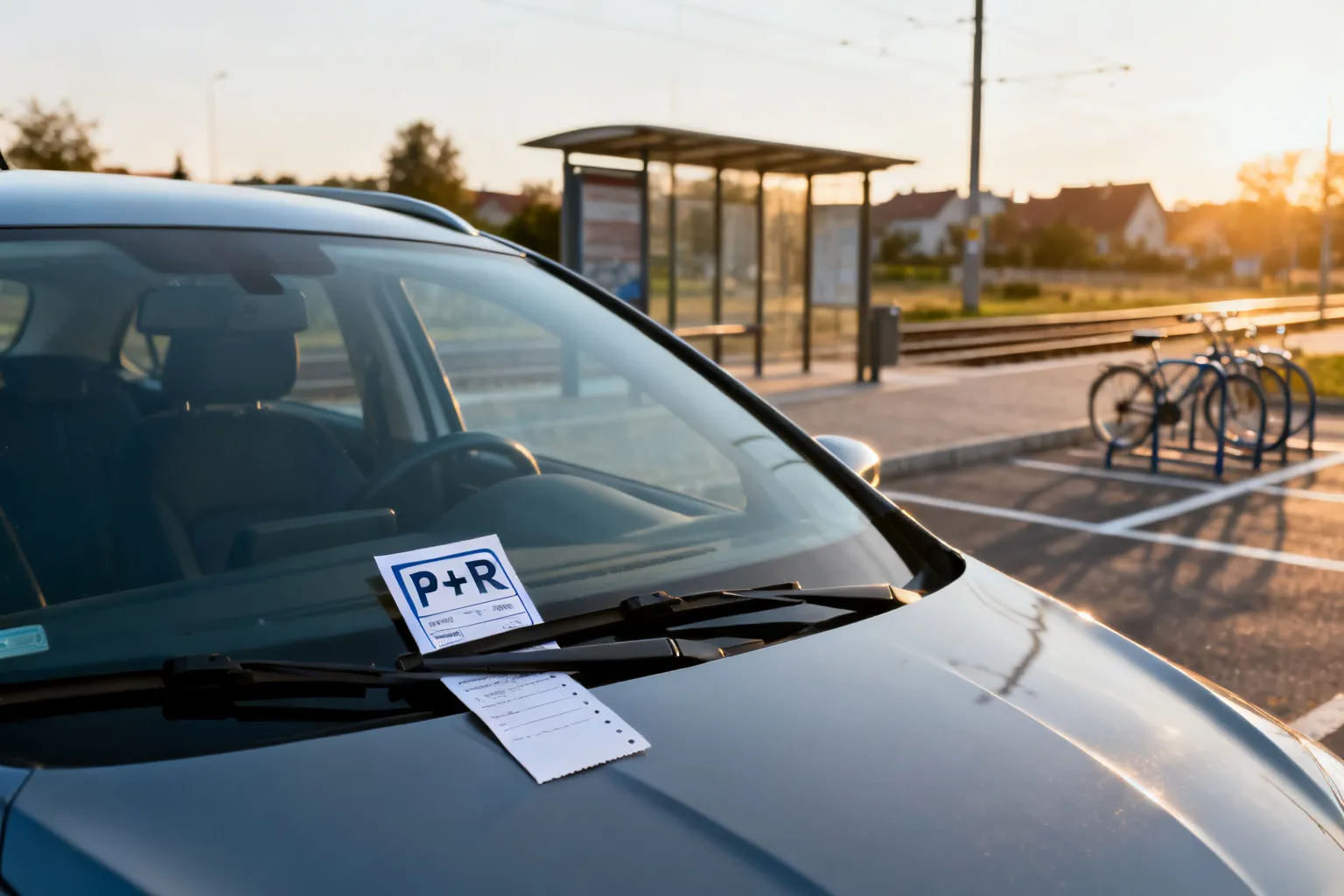 Samochód na parkingu P+R z pozwoleniem pod wycieraczką i biletem na desce, przy przystanku tramwajowym.