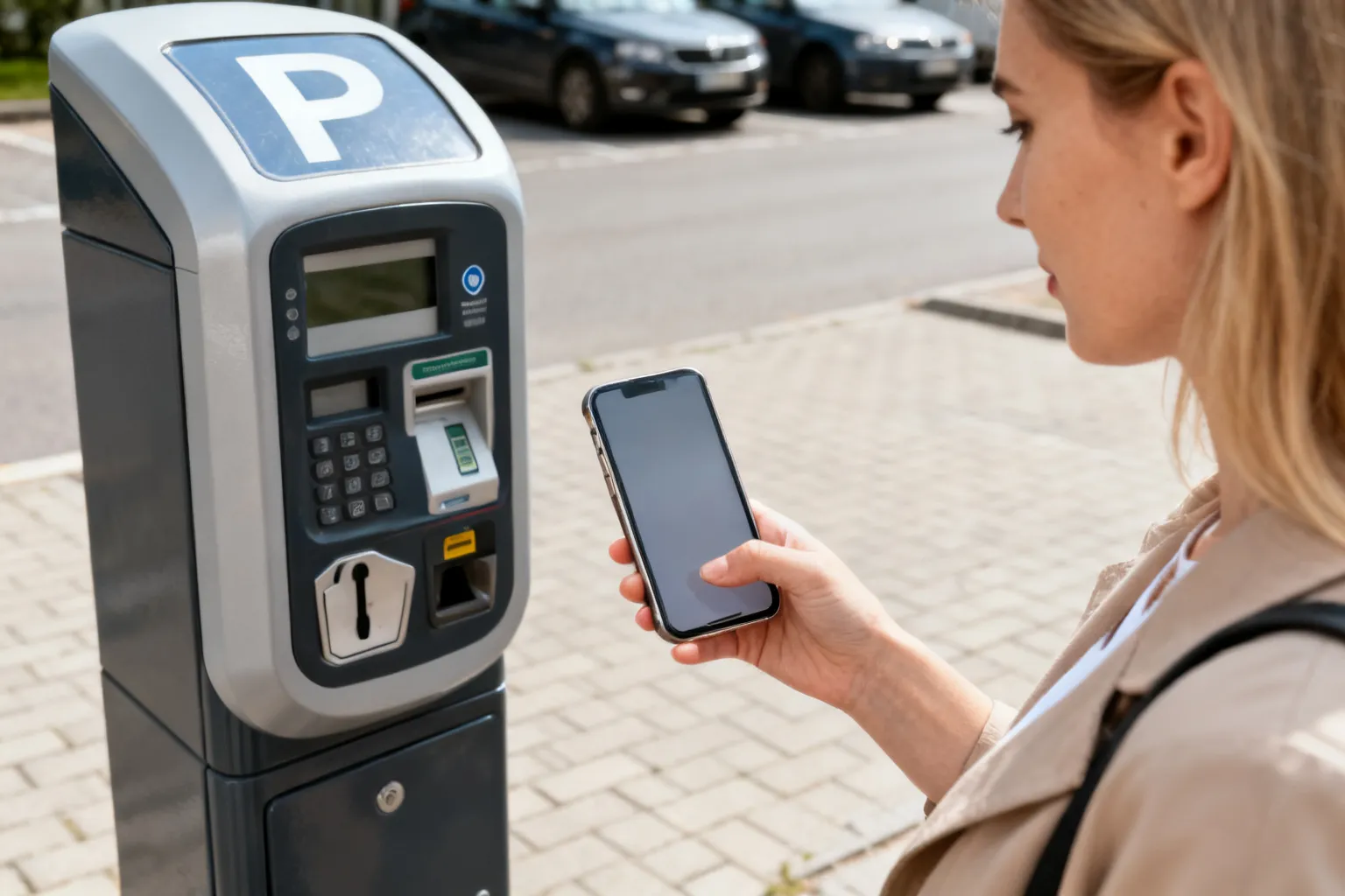 Kobieta płacąca za parking smartfonem obok parkomatu