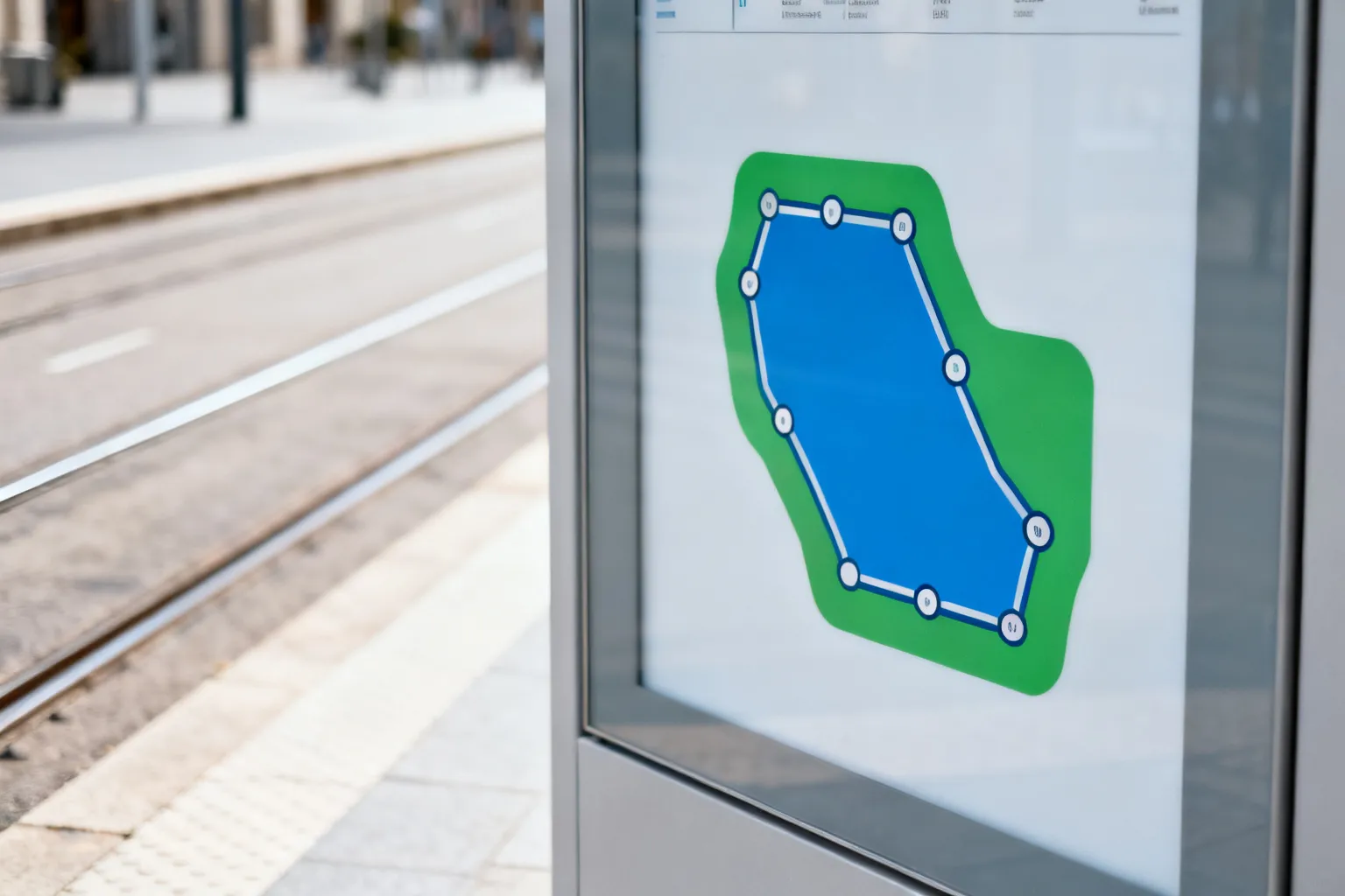 Plansza z mapą stref biletowych – dwie kolorowe strefy i oznaczone przystanki graniczne.