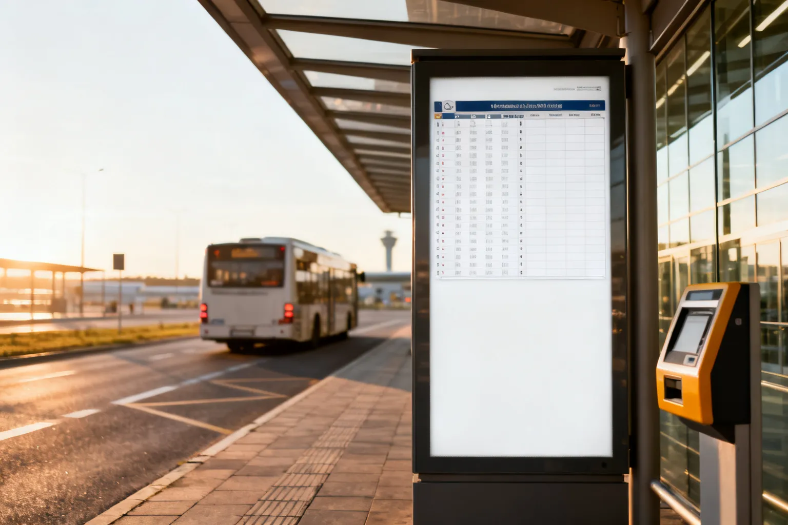 Przystanek z pustym rozkładem i nieoznaczonym terminalem zbliżeniowym, w tle autobus lotniskowy i miejski.