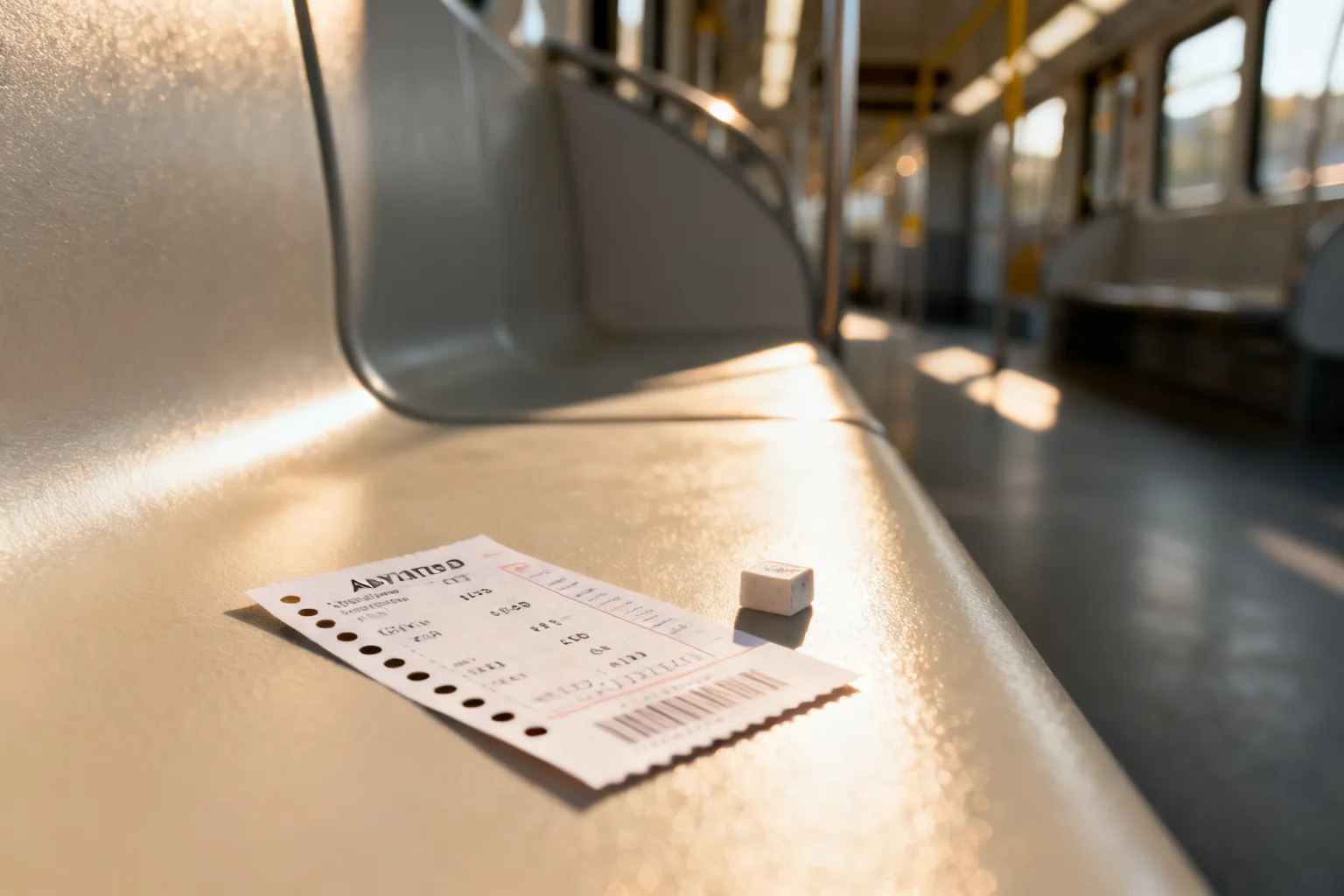 Skasowany papierowy bilet na podłokietniku tramwaju w Warszawie. Dziurkowane stemple podkreślają temat ważności biletu.
