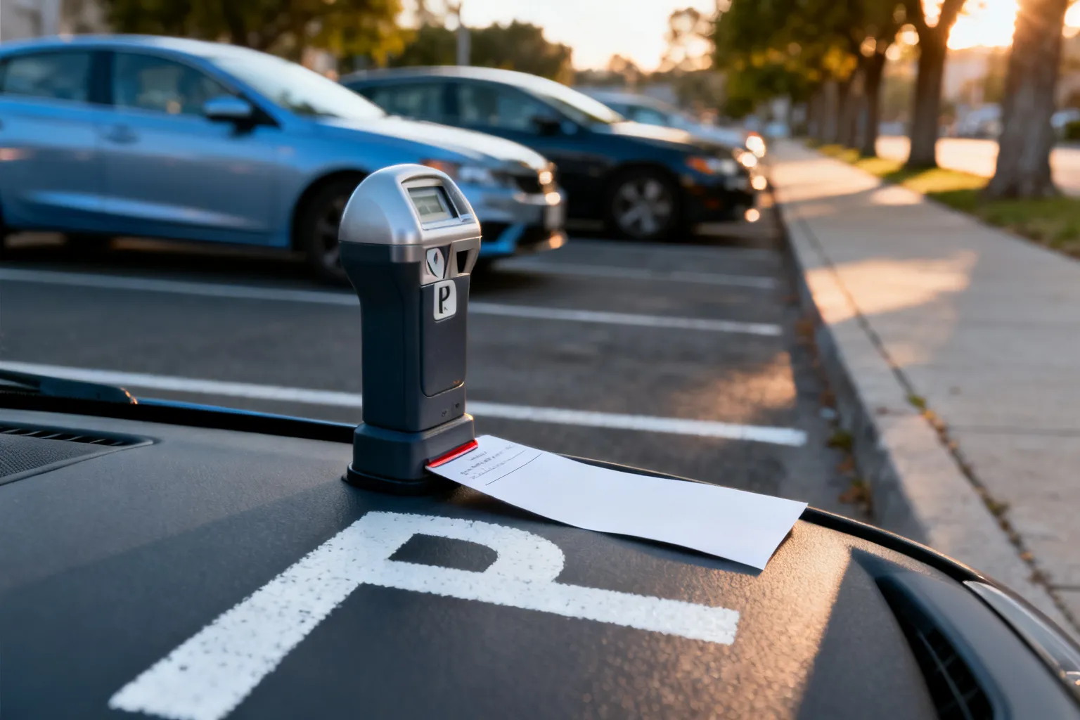 Parkometr i pusty bilet parkingowy na desce rozdzielczej oraz zaparkowane auta przy liniach w strefie płatnego parkowania