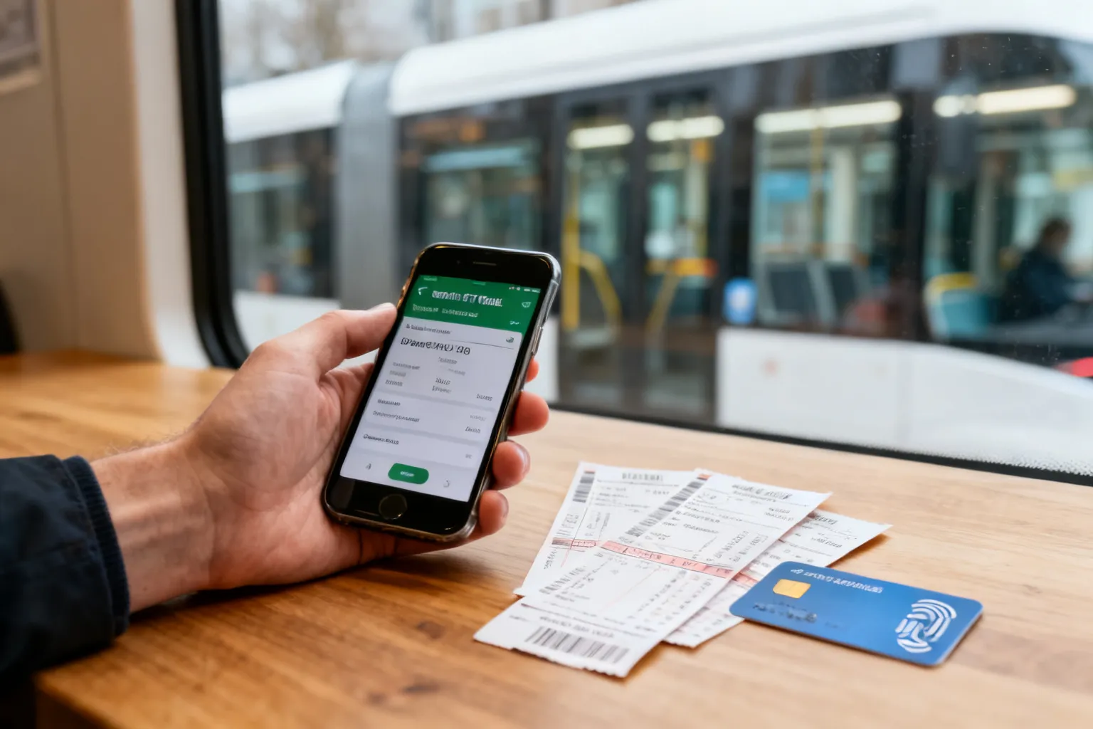 Smartfon z aplikacją biletową i kilka papierowych biletów na stole