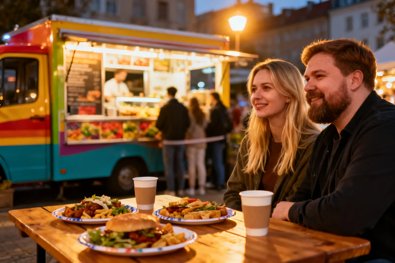 Wieczorny targ food trucków w Warszawie: drewniany stół z daniami ulicznymi i kolejka przy kolorowych przyczepach.