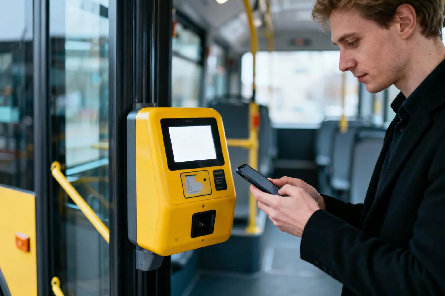 Osoba skanująca telefon przy kasowniku w autobusie