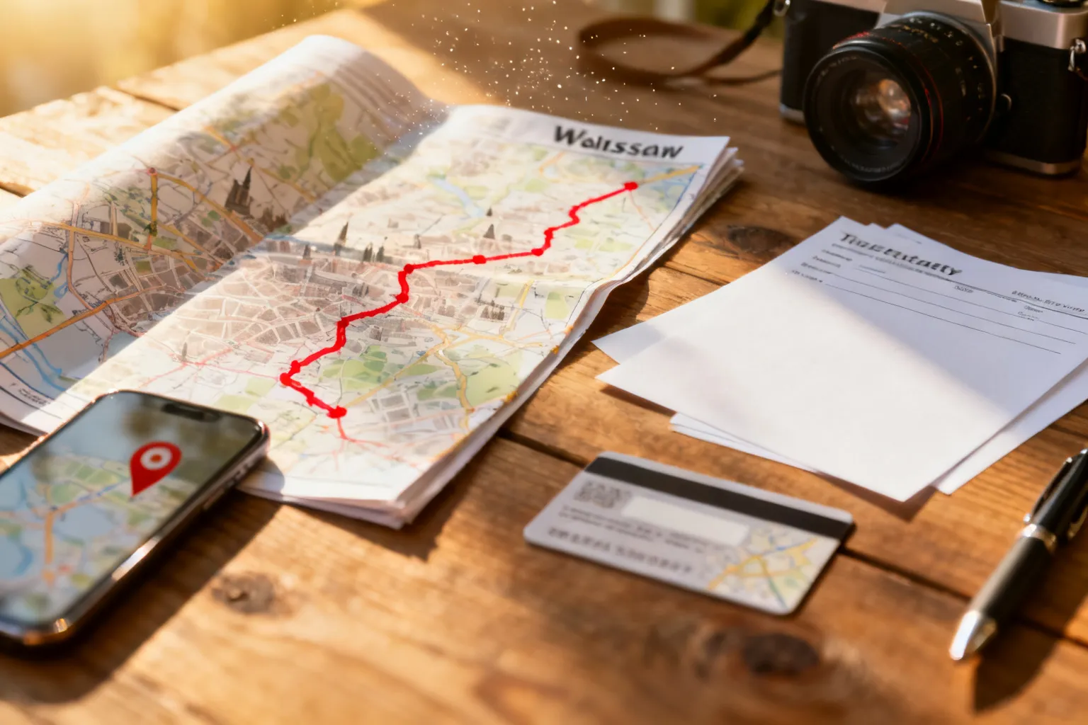 Planowanie praktycznej trasy po Warszawie: mapa z czerwoną trasą, karta komunikacyjna, telefon, aparat i notes.