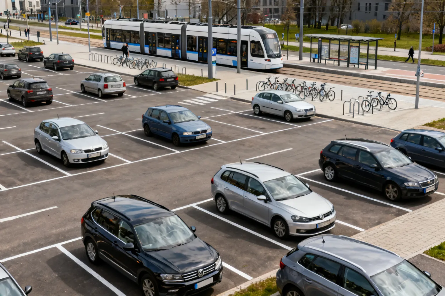 Nowoczesny parking P+R obok przystanku tramwajowego, zaparkowane samochody i tramwaj w tle