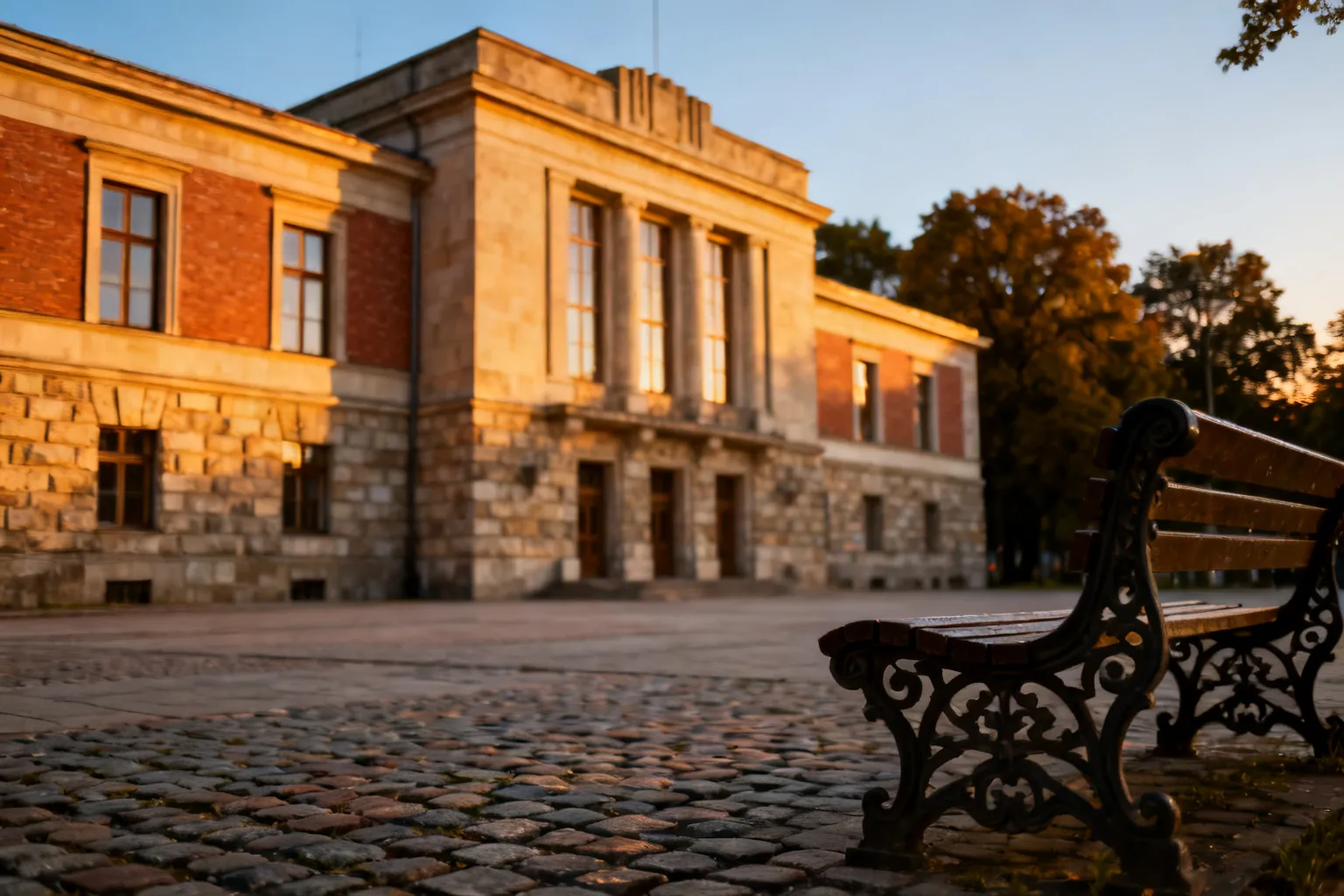 Międzywojenny budynek użyteczności publicznej z kamienno-ceglaną fasadą, klasycznymi detalami i brukowanym placem.