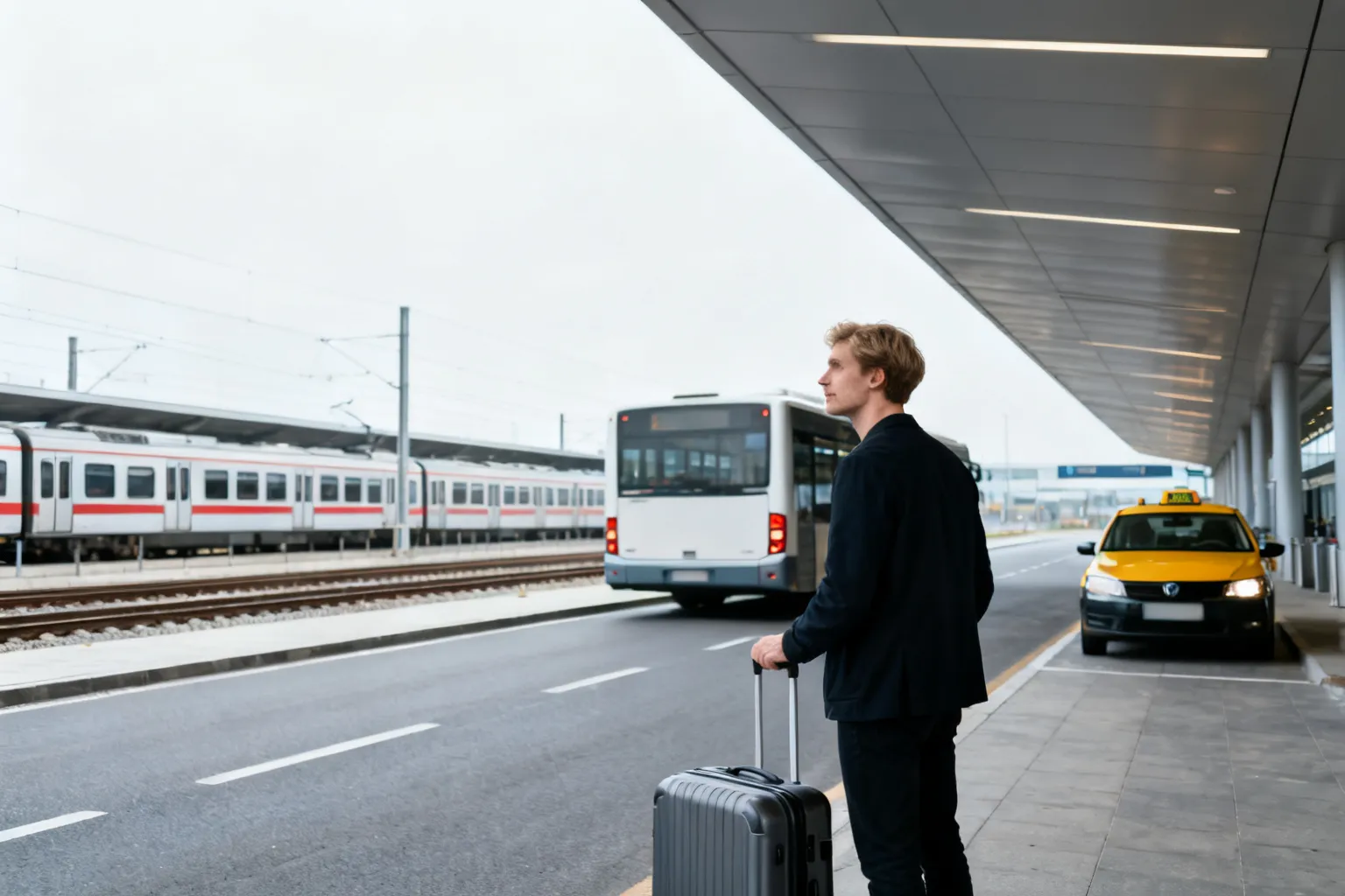 Podróżny z walizką przed terminalem, w tle autobus, pociąg i taksówka