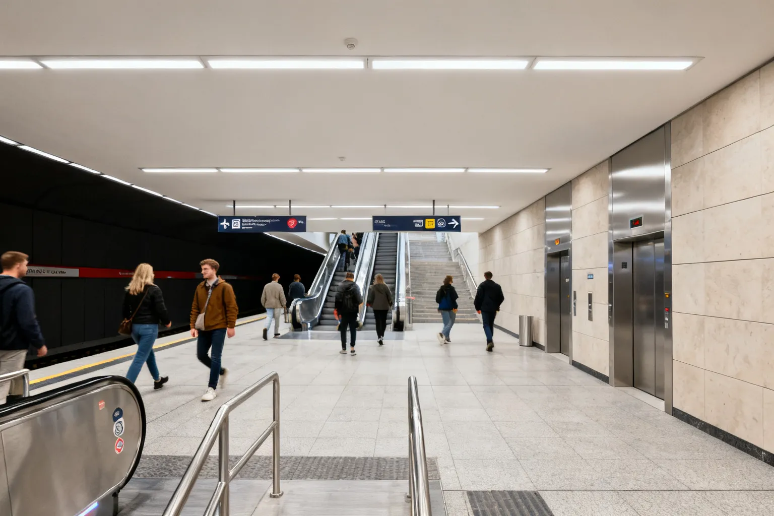 Wnętrze nowoczesnej stacji metra z pasażerami korzystającymi z ruchomych schodów