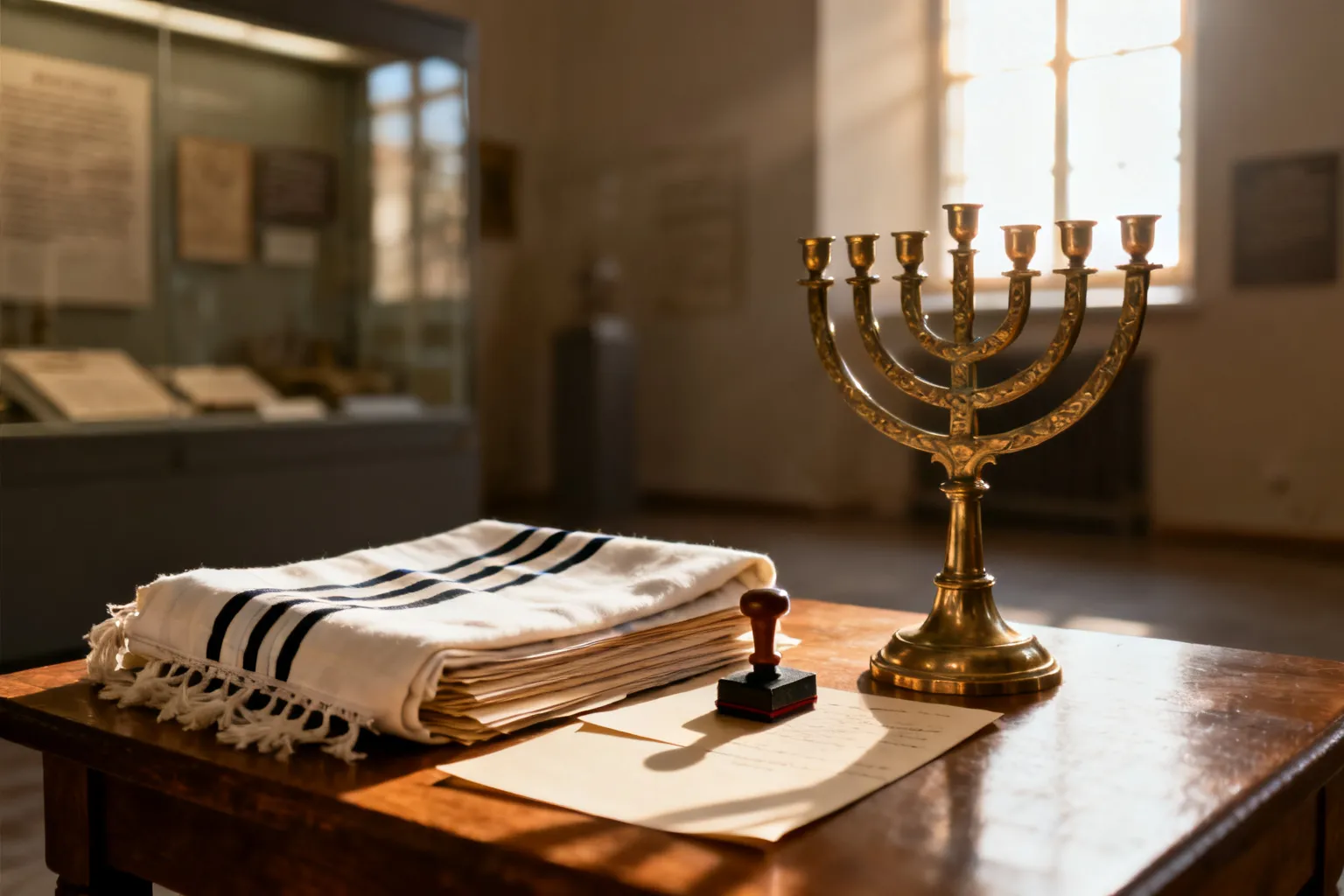 Pamiątkowy kącik pamięci społeczności żydowskiej Warszawy: menorah, tallit i dokumenty.