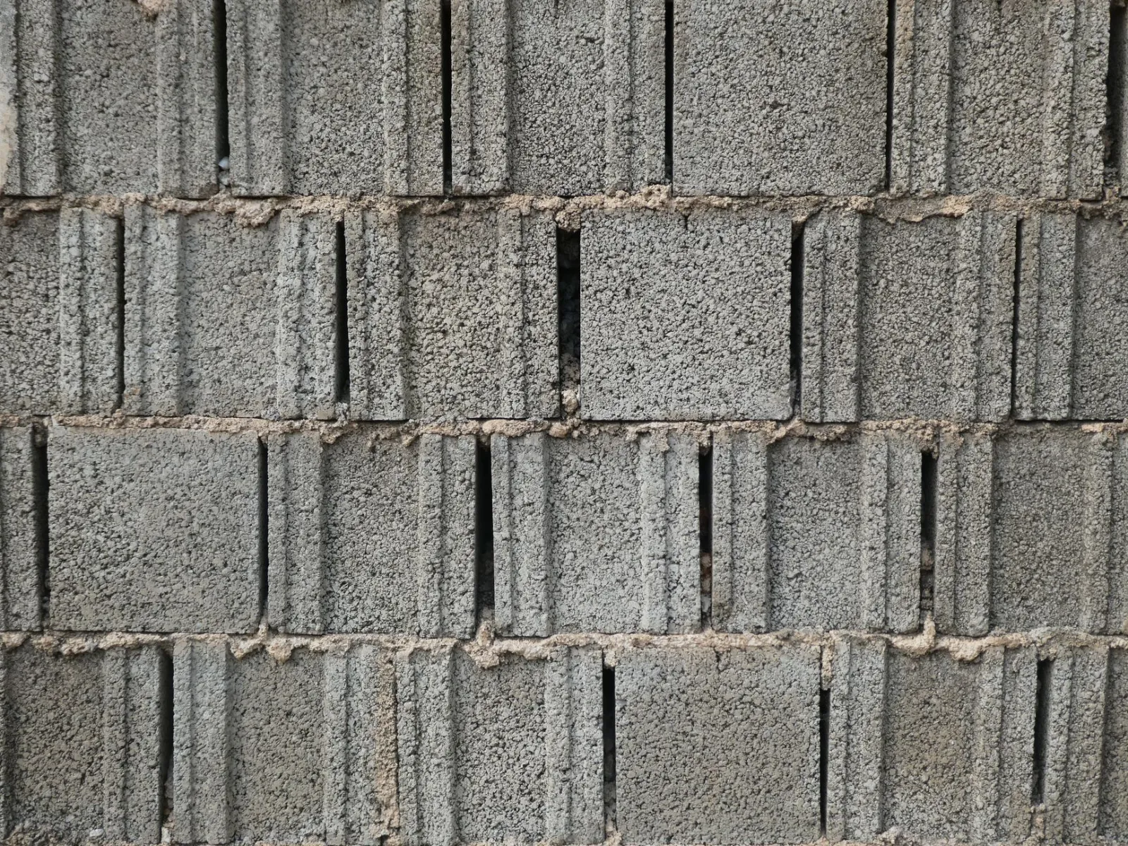 Close-up of a gray cinder block wall with a rough texture, perfect for backgrounds.